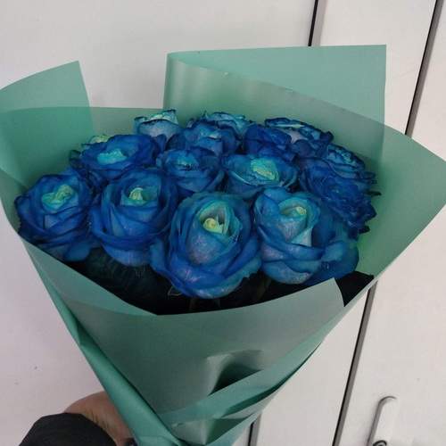 живе фото товару "15 синіх троянд (фарбованих)"